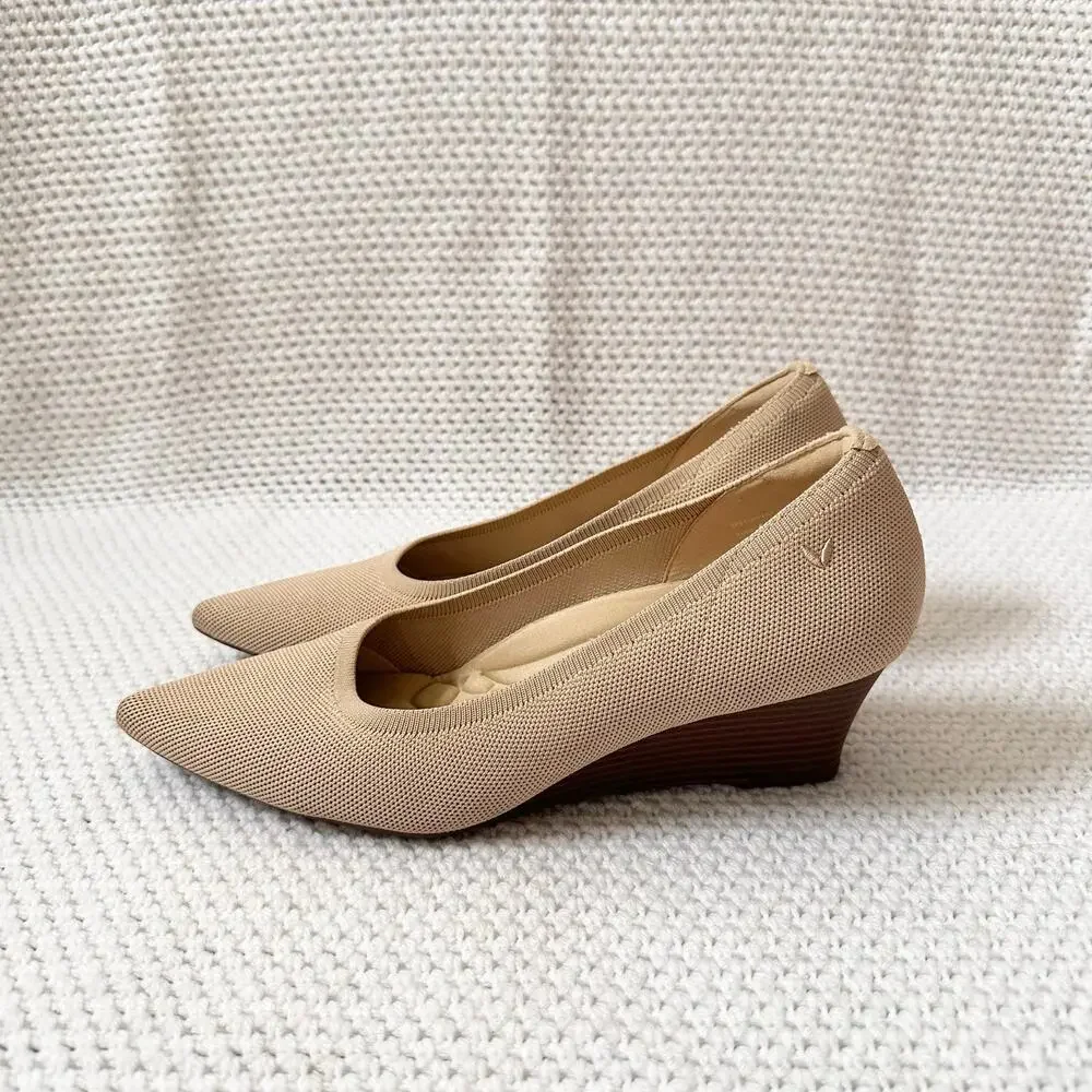 Vivaia Aria Khaki Beige Pointed Wooden Stacked Wedge 2.0 Heel Shoes 43 US 11
